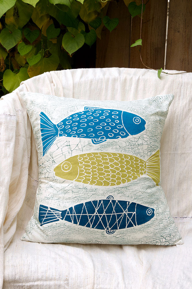 Zambian Hand Painted White Zambezi Fish Pillow Cover with Optional Insert