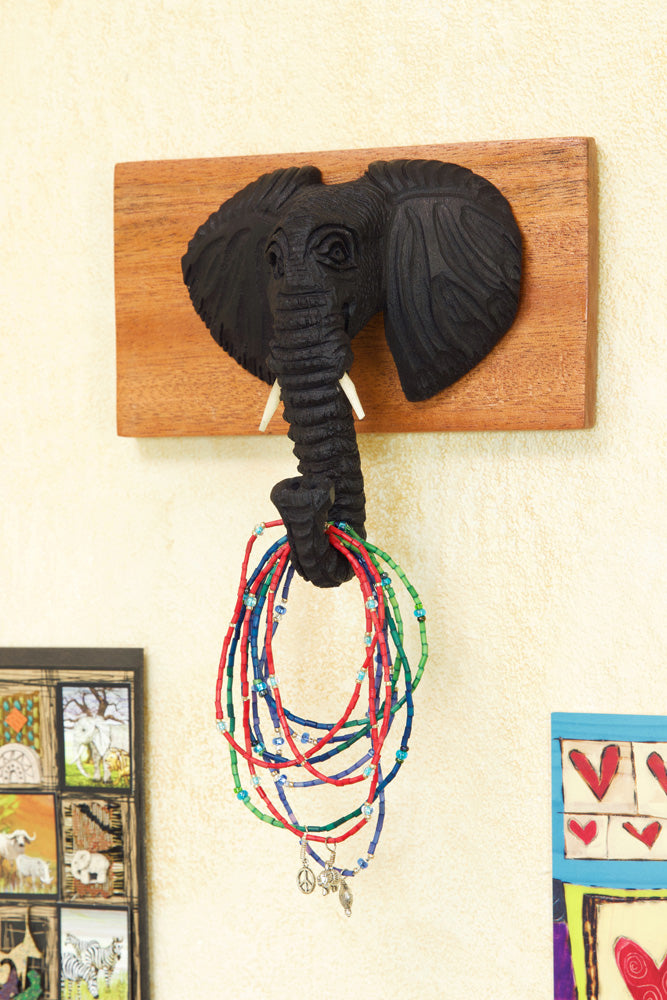 Kenyan Carved Elephant Bust Coat Hook