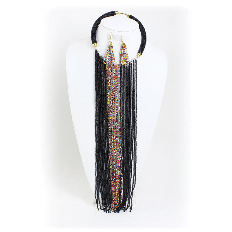 Long Black Maasai Bead Fringe Choker Set