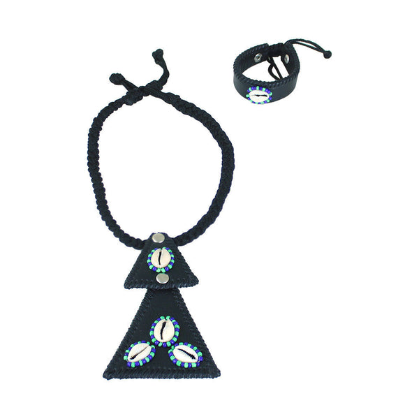 Black Leather Cowrie Shell Necklace Set