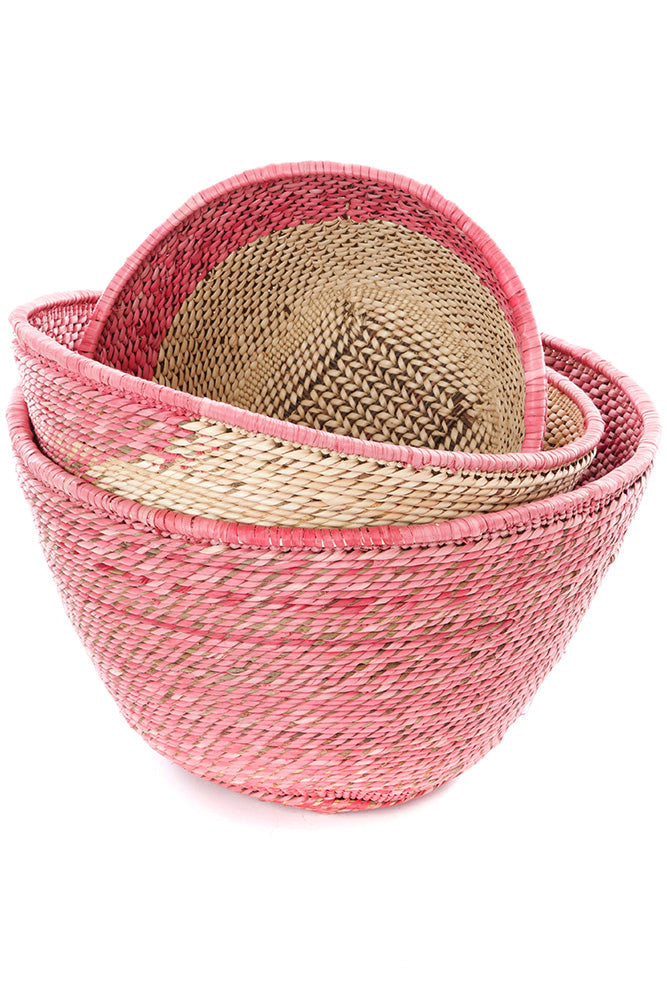 Set of Three Nesting Zambian Table Baskets in Pink & Natural