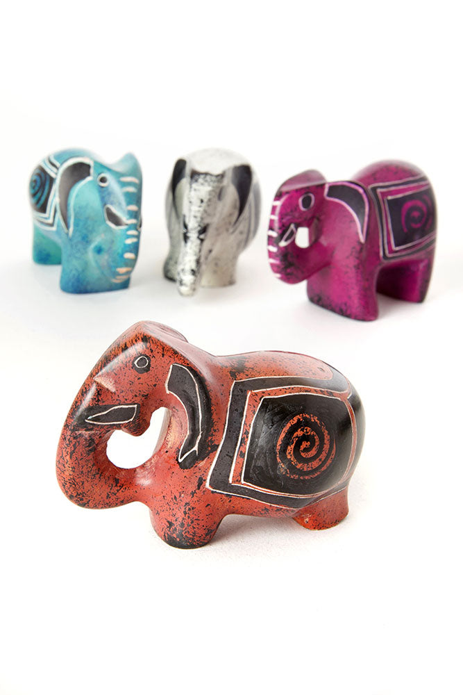 Dozen Colorful Hand Carved Soapstone Elephants