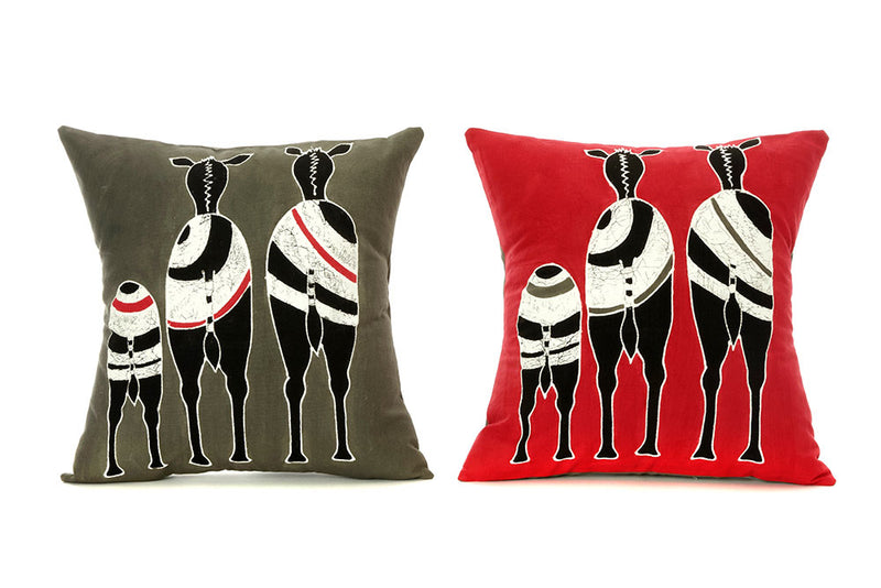 Zambian Hand Painted Red Zebra Family Pillow Cover with Optional Insert