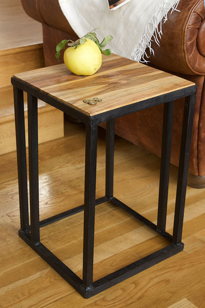 Ghanaian Teak and Metal Accent Table with Brass Sankofa Symbol