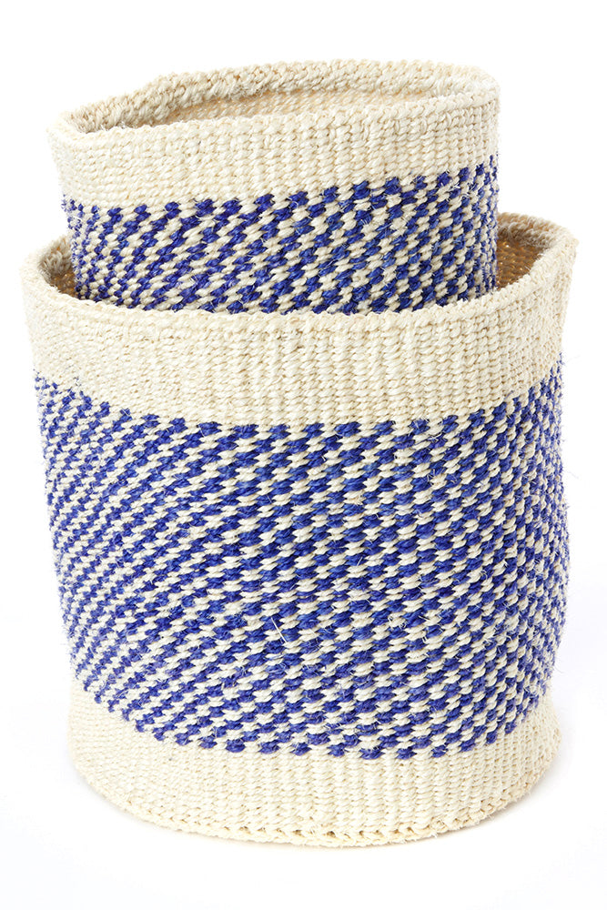 Set of Two Blue and Cream Twill Sisal Nesting Baskets