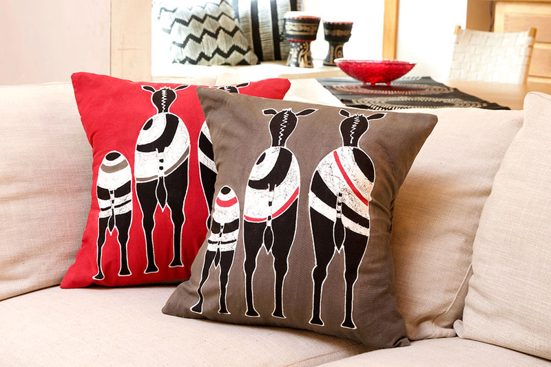 Zambian Hand Painted Red Zebra Family Pillow Cover with Optional Insert