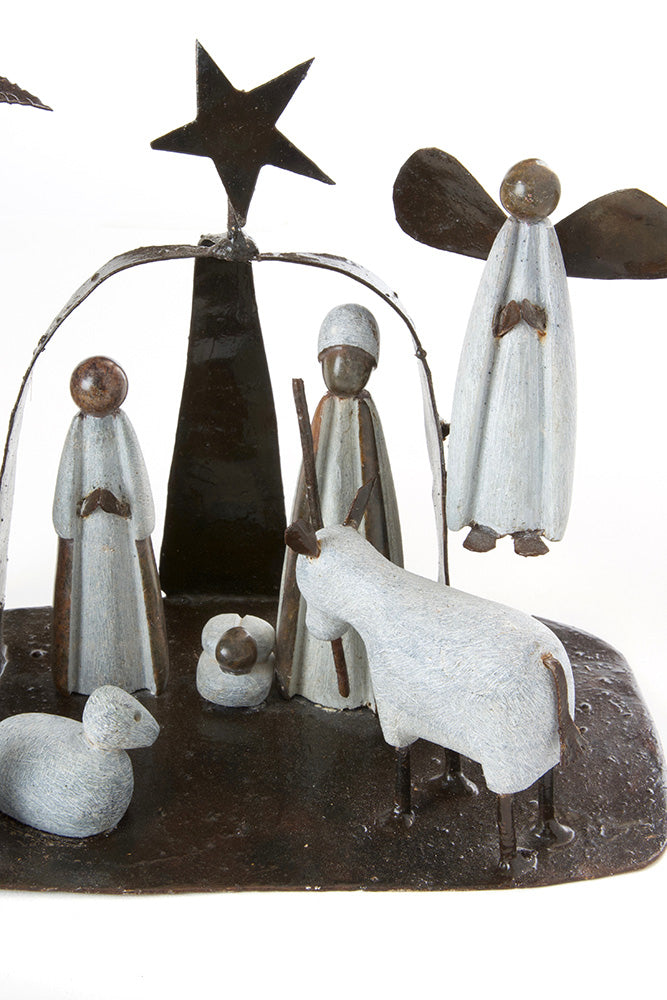 Zimbabwean Serpentine Stone and Metal Archway Nativity Scene