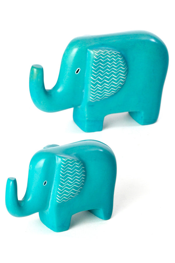 Aqua Blue Bashful Zig-Zag Elephant Soapstone Sculptures