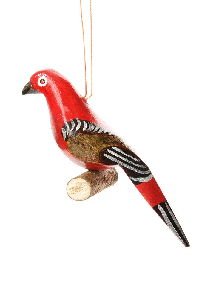 Set of Four Wooden Bird on Perch Ornaments