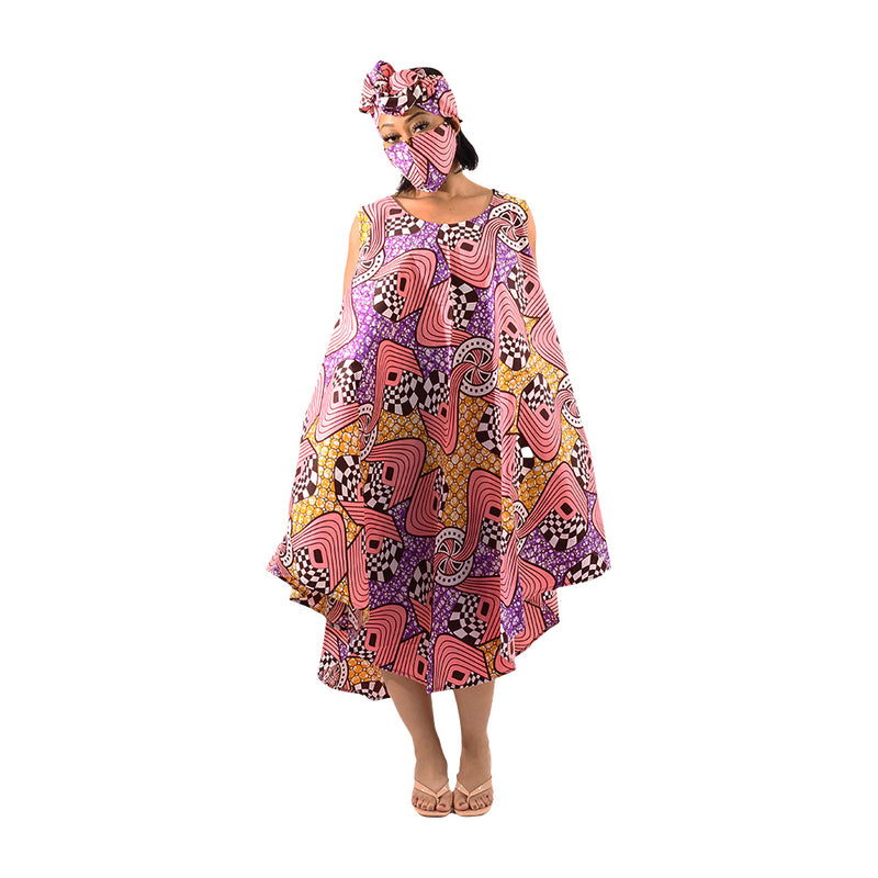 African Print Umbrella Dress/Mask Set