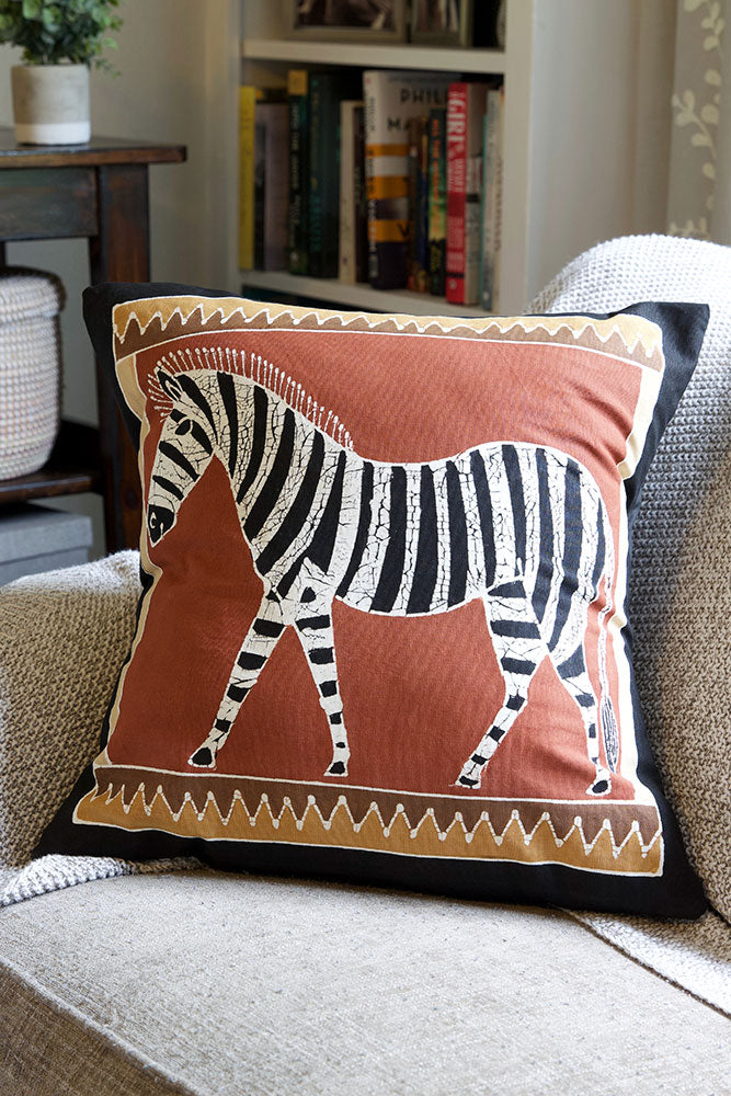 Zambian Hand Painted Bush Clay Zebra Pillow Cover with Optional Insert