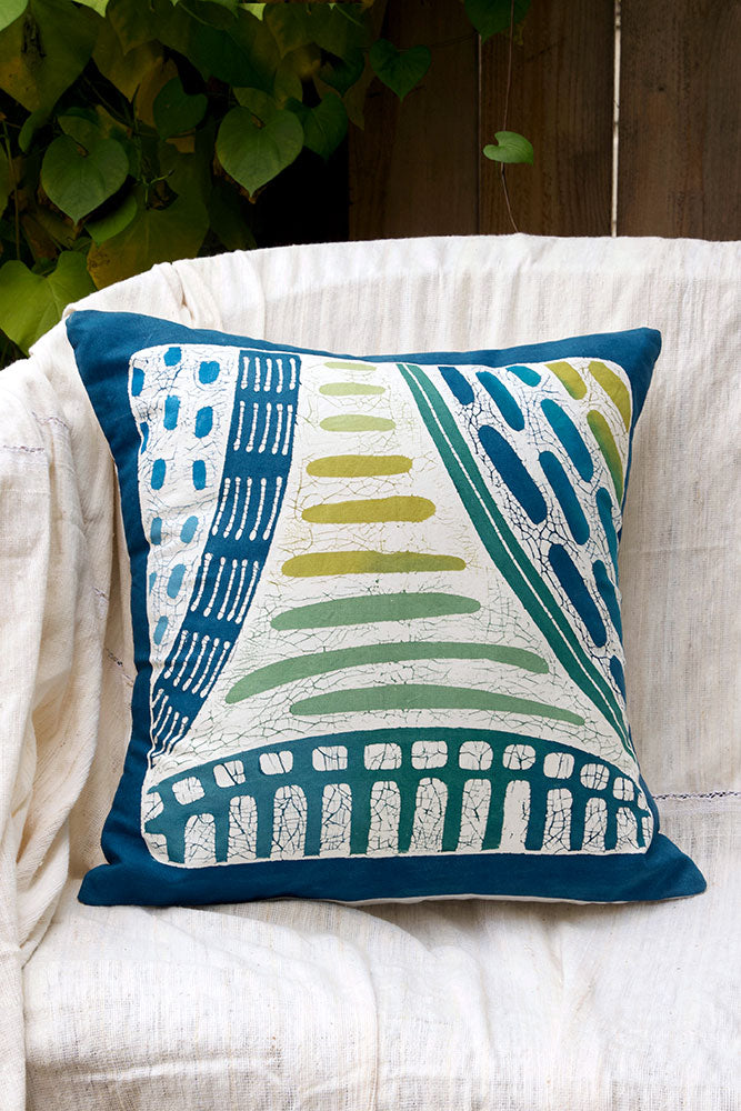 Zambian Hand Painted Blue Lagoon Pillow Cover with Optional Insert