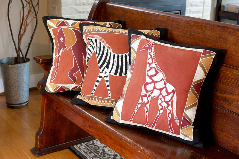 Zambian Hand Painted Bush Clay Elephant Pillow Cover with Optional Insert