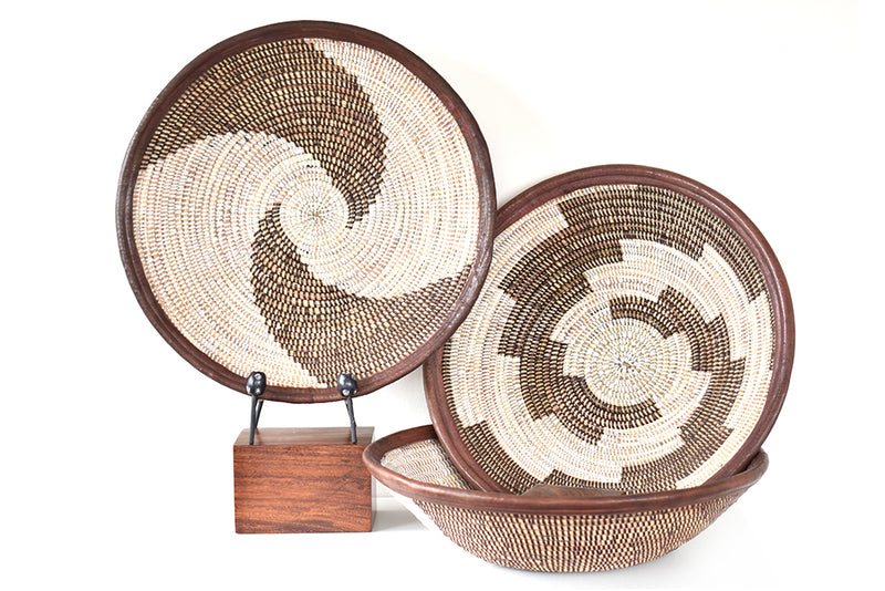 Brown and White Leather Trimmed Baskets in Assorted Patterns