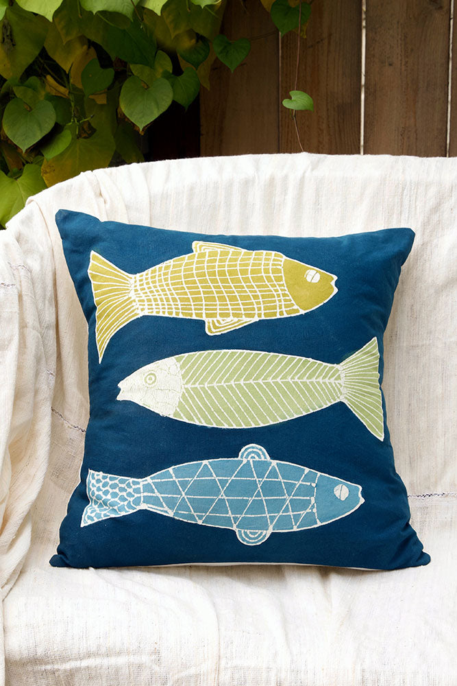 Zambian Hand Painted Blue Zambezi Fish Pillow Cover with Optional Insert