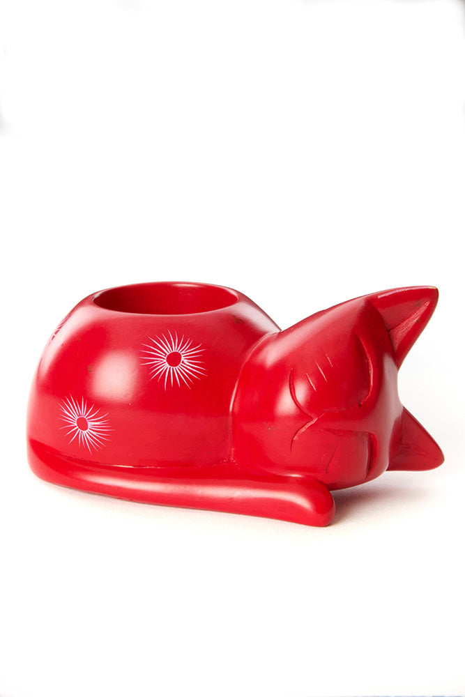 Red Soapstone Cozy Cat Tea Light Candle Holder