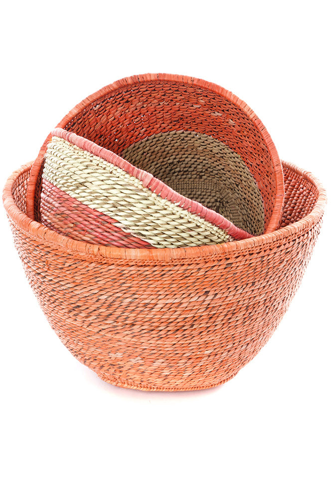 Set of Three Nesting Zambian Table Baskets in Salmon & Natural