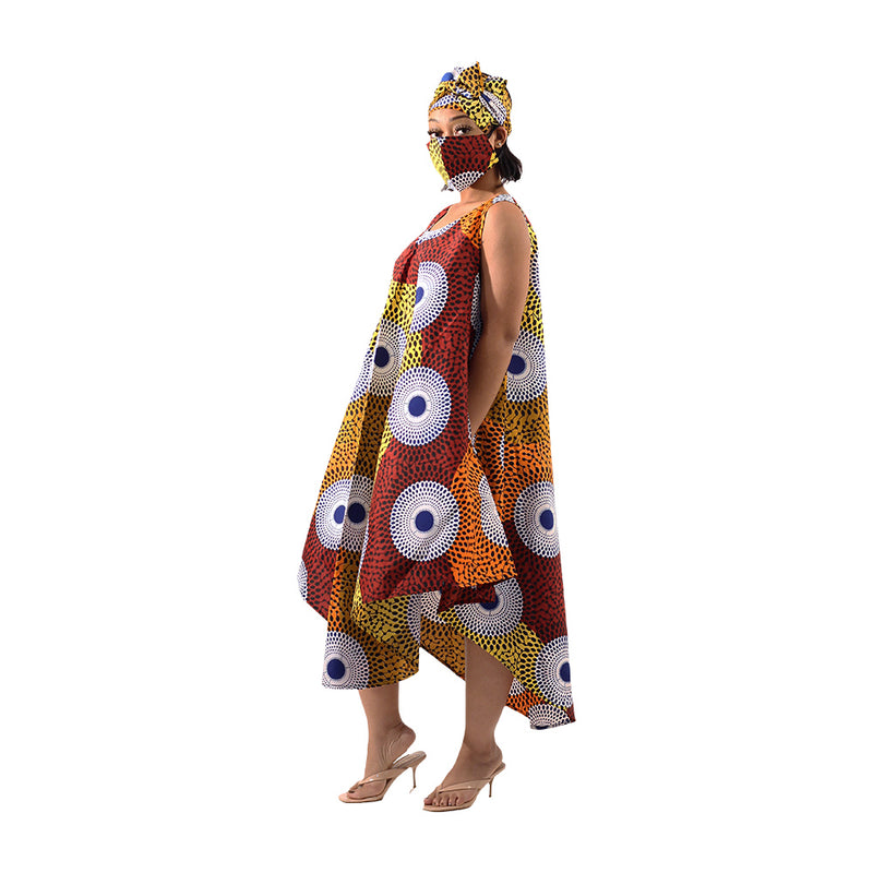 African Print Umbrella Dress/Mask Set