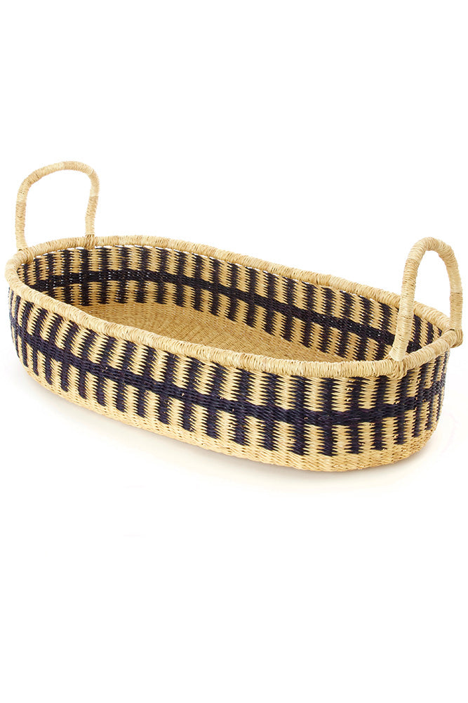 Ghanaian Dark Blue and Natural Shallow Oval Basket with Handles