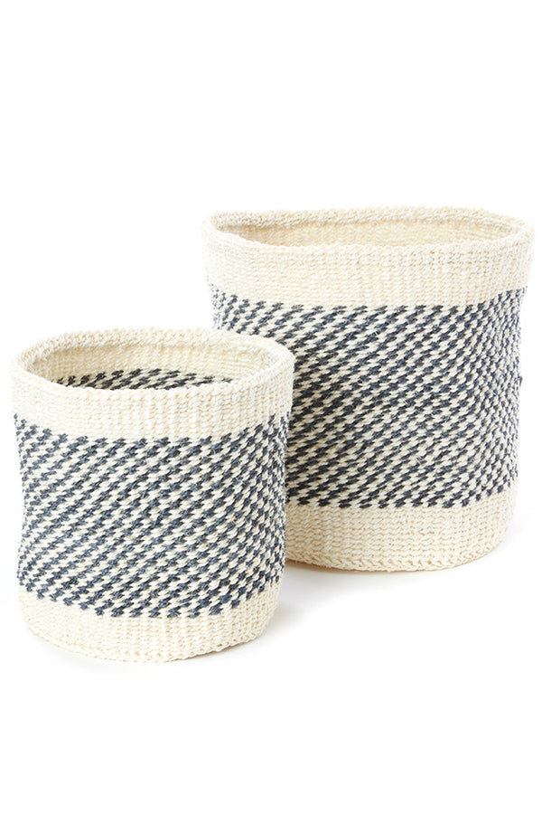 Set of Two Charcoal and Cream Twill Sisal Nesting Baskets