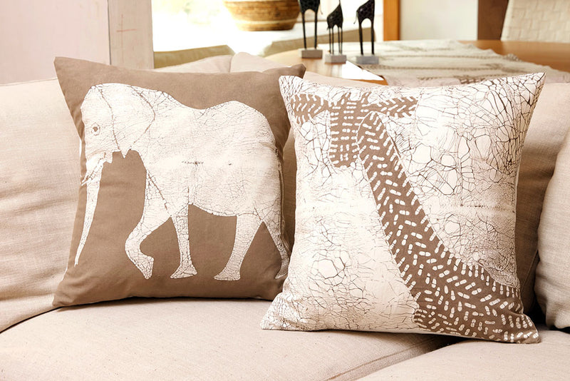 Zambian Hand Painted Dry Season Elephant Pillow Cover with Optional Insert