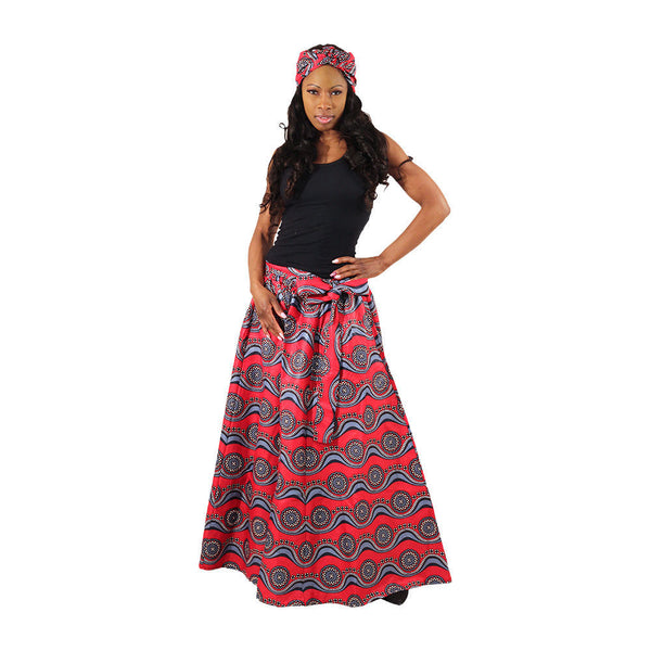 African Print Long Skirt - Red/Blue