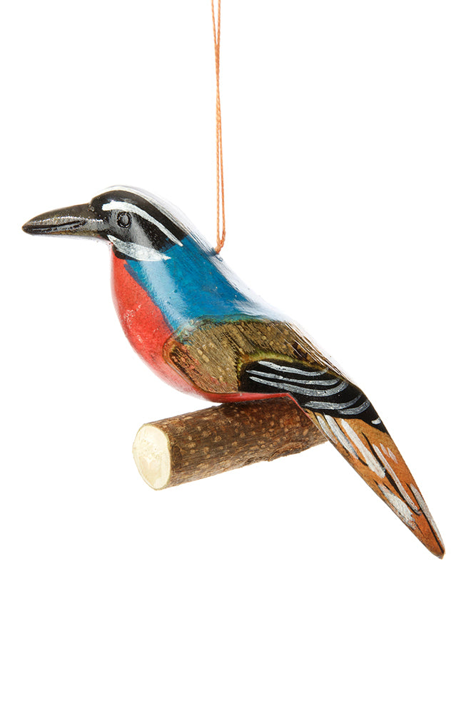 Set of Four Wooden Bird on Perch Ornaments