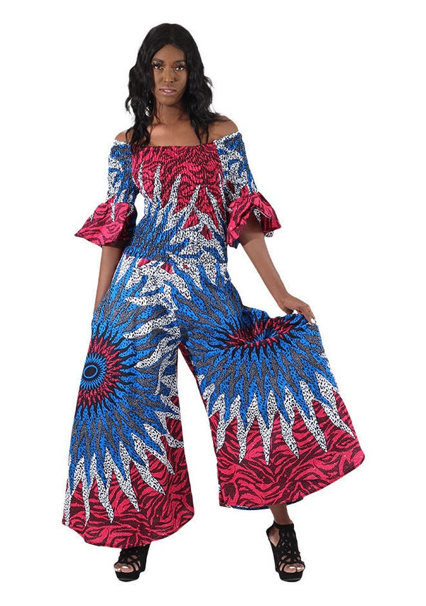 African Blue/Pink Sun Elastic Jumpsuit