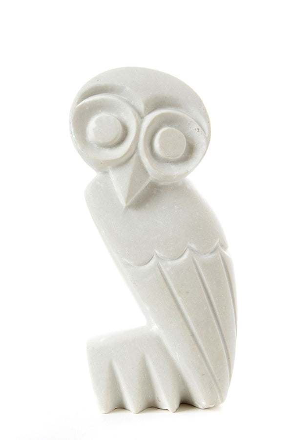 Medium Hand Carved White Serpentine Owl Sculpture