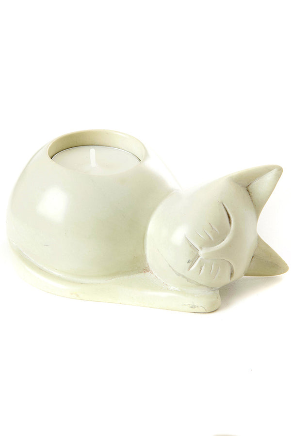 Natural Soapstone Cozy Cat Tea Light Candle Holder