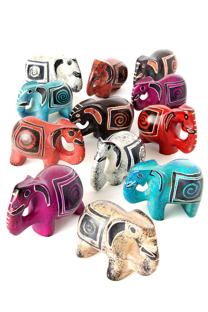 Dozen Colorful Hand Carved Soapstone Elephants