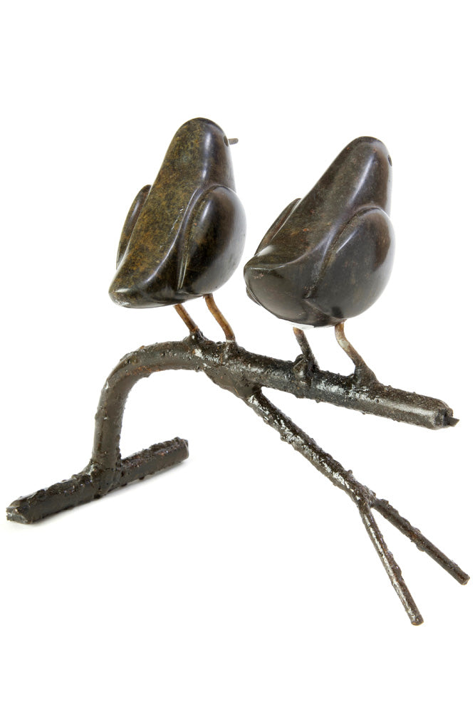 Double Songbird on Branch Stone and Metal Sculpture