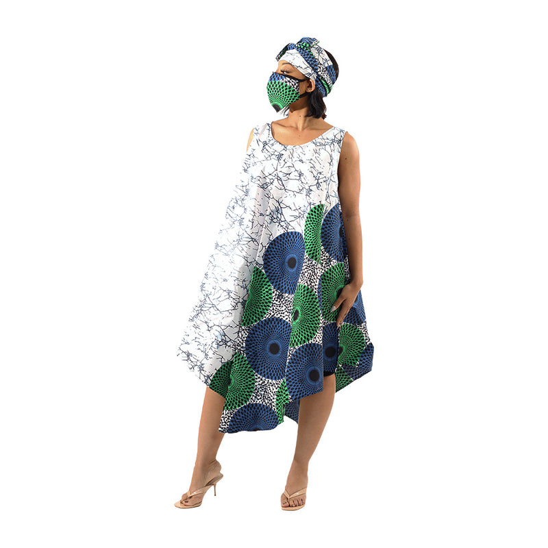 African Print Umbrella Dress/Mask Set