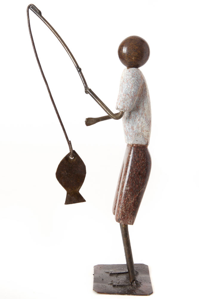 Zimbabwean Simple Life Stone and Metal Fisherman Sculpture