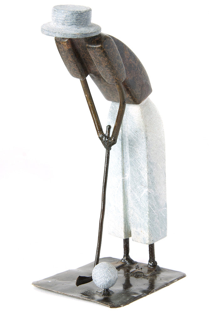 Zimbabwean Simple Life Stone and Metal Golfer Sculpture