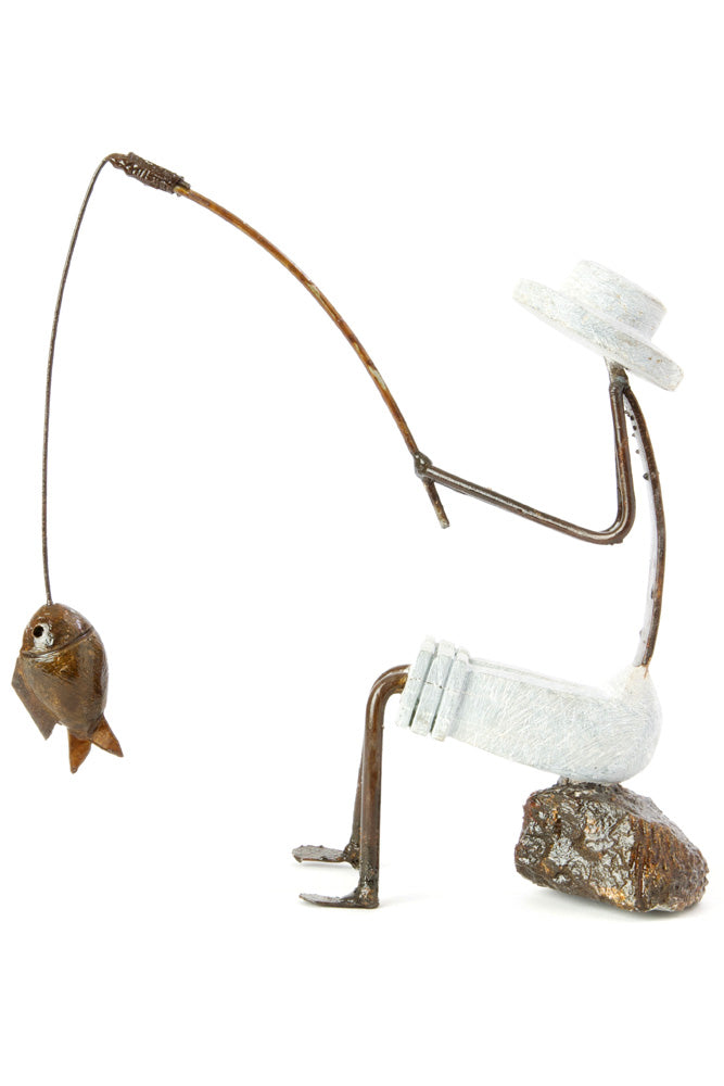 Zimbabwean Simple Life Stone and Metal Seated Fisherman Sculpture