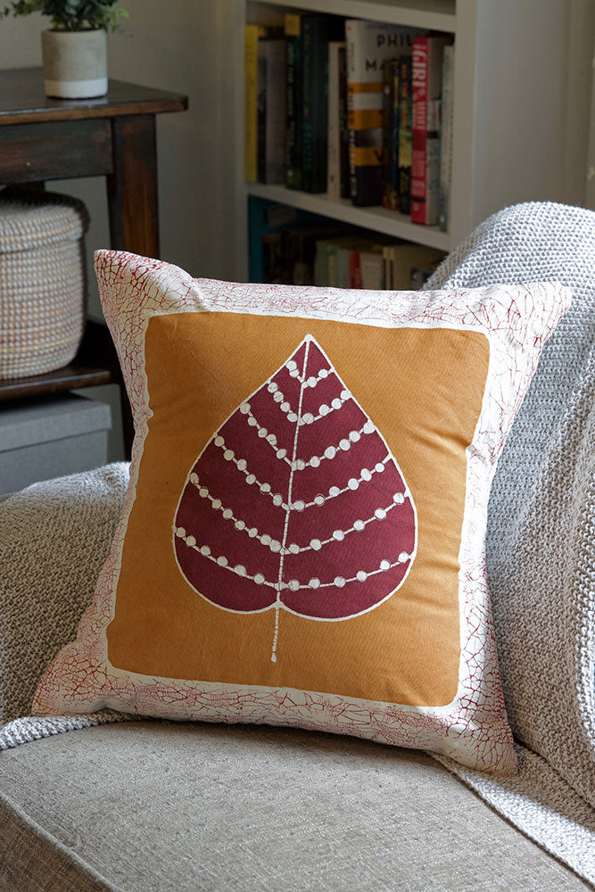 Zambian Hand Painted Luangwa Leaf Sunset Pillow Cover with Optional Insert