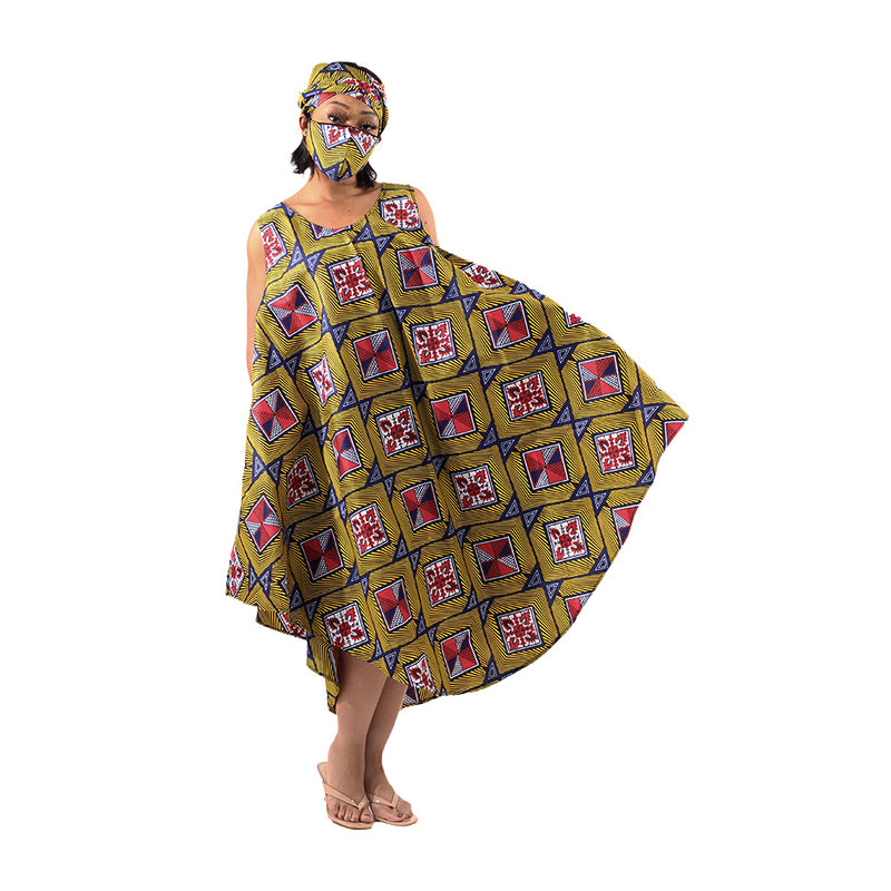 African Print Umbrella Dress/Mask Set