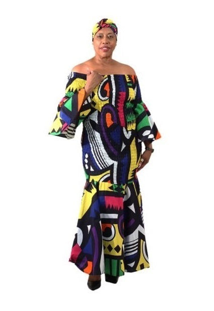 Abstract Print Smocked Dress