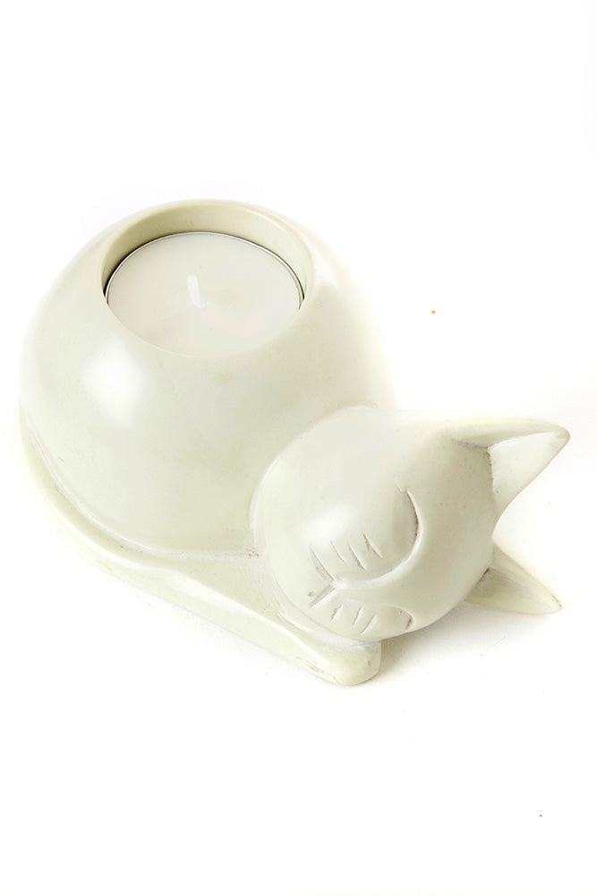 Natural Soapstone Cozy Cat Tea Light Candle Holder