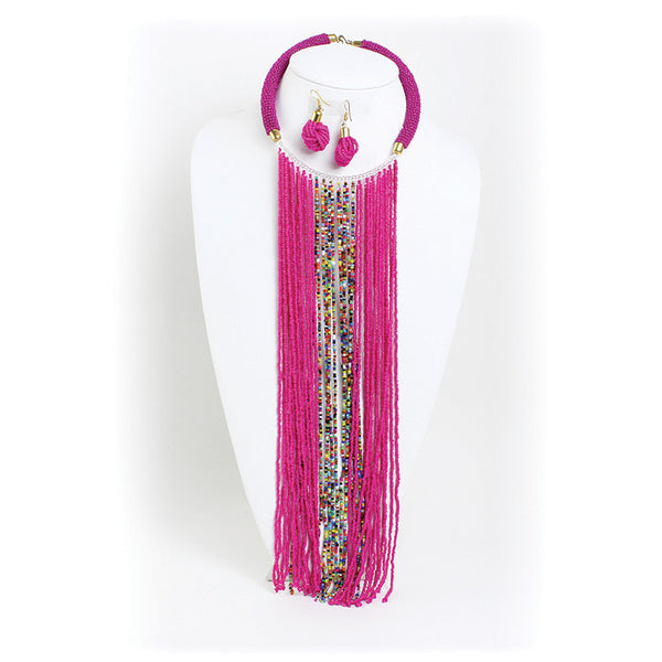 Pink Maasai Fringe Choker & Earrings