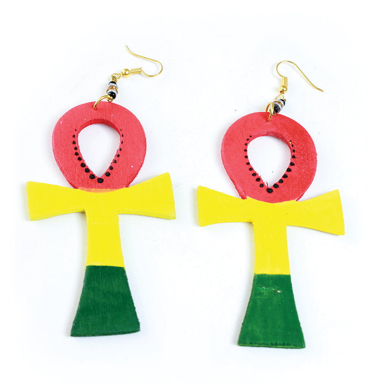 Wooden Rasta Ankh Earrings