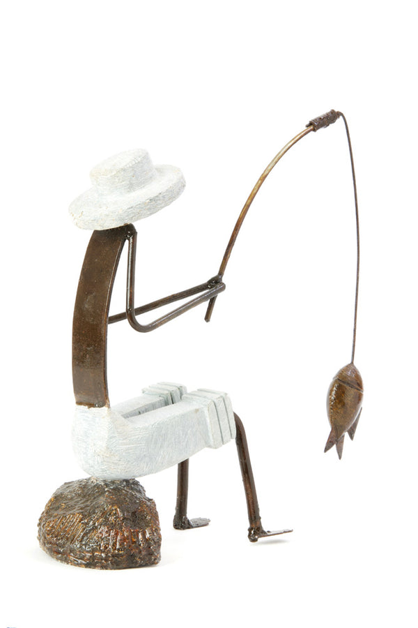 Zimbabwean Simple Life Stone and Metal Seated Fisherman Sculpture