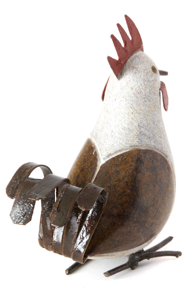 Recycled Metal and Serpentine Stone Rooster Sculpture