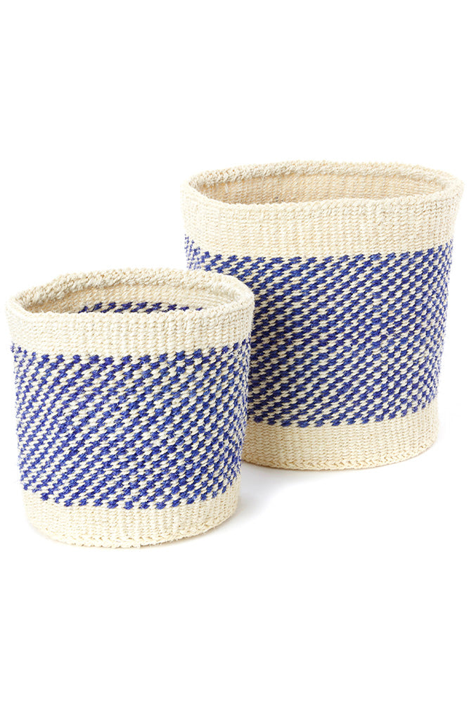 Set of Two Blue and Cream Twill Sisal Nesting Baskets