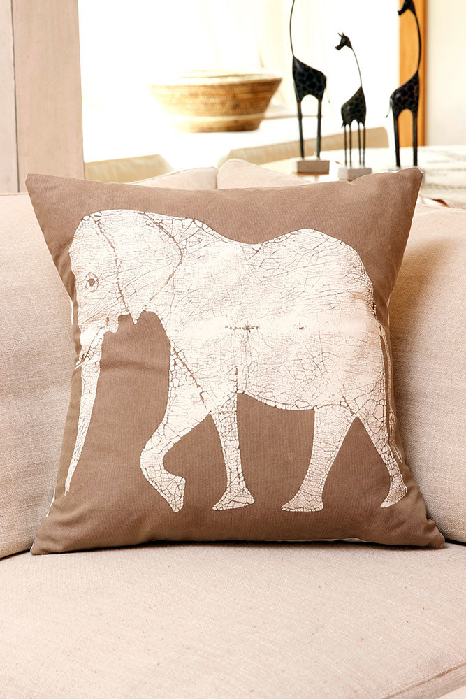 Zambian Hand Painted Dry Season Elephant Pillow Cover with Optional Insert