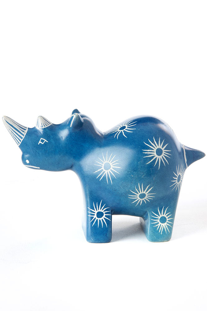 Blue Milkweed Soapstone Rhino Sculpture