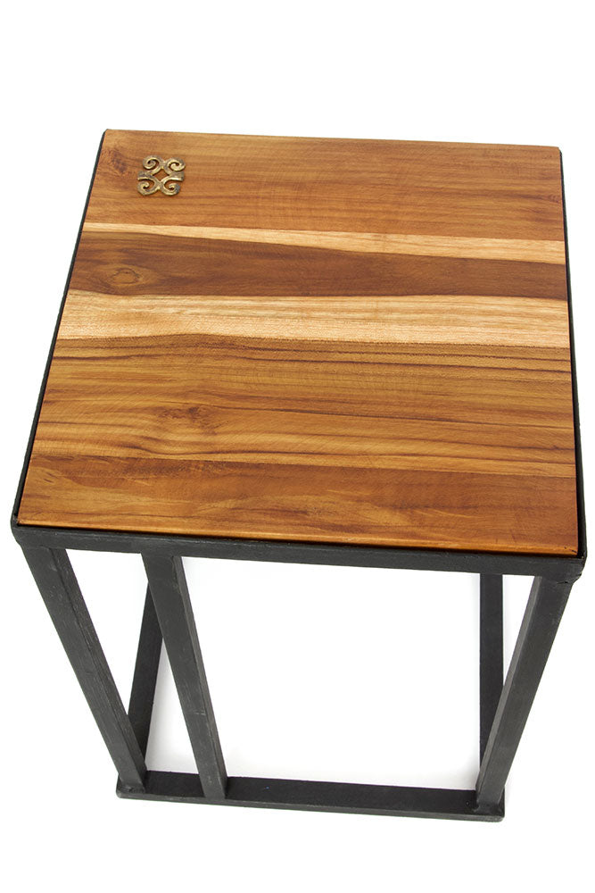 Ghanaian Teak and Metal Accent Table with Brass Dwennimmen Symbol