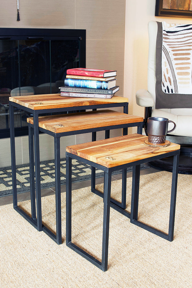 Set of Three Ghanaian Nesting Tables with Brass Sankofa Symbols