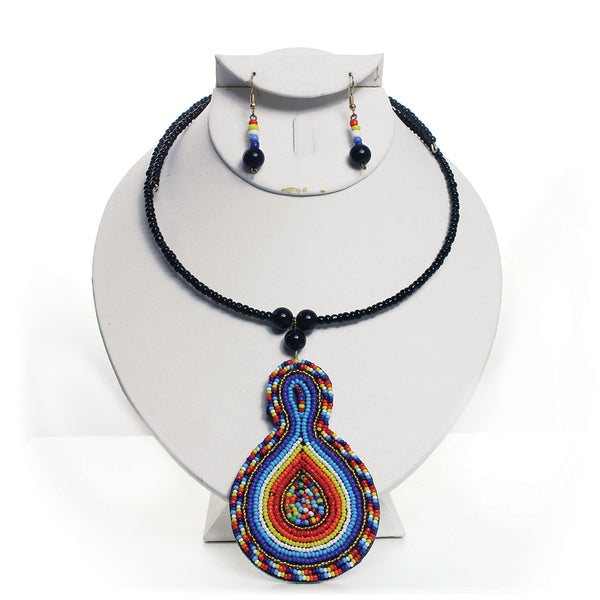 Maasai Bead Leather Pendant Choker Set